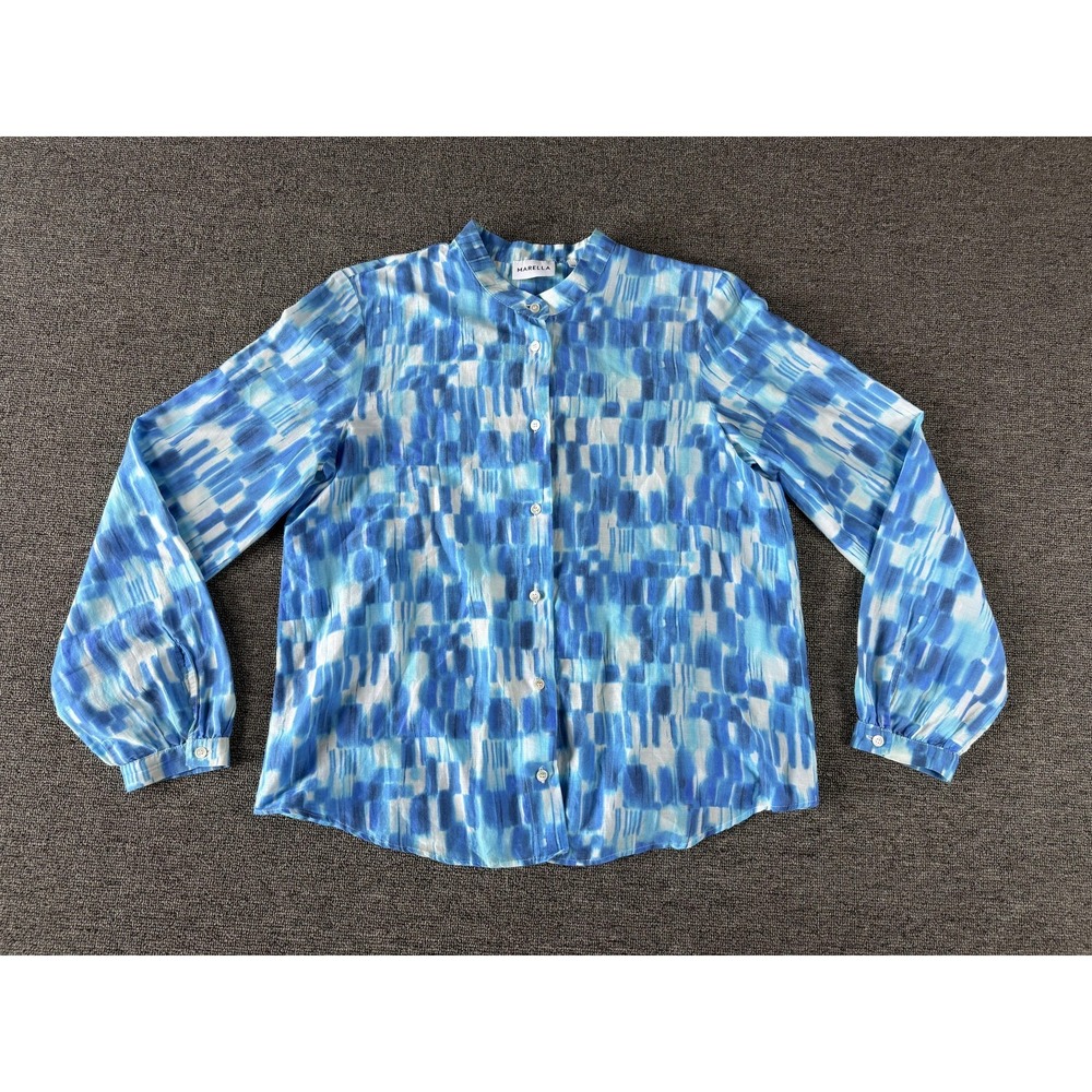 Marella Shirt Womens 38 Blue Geometric Print Button Front Long Sleeve Top